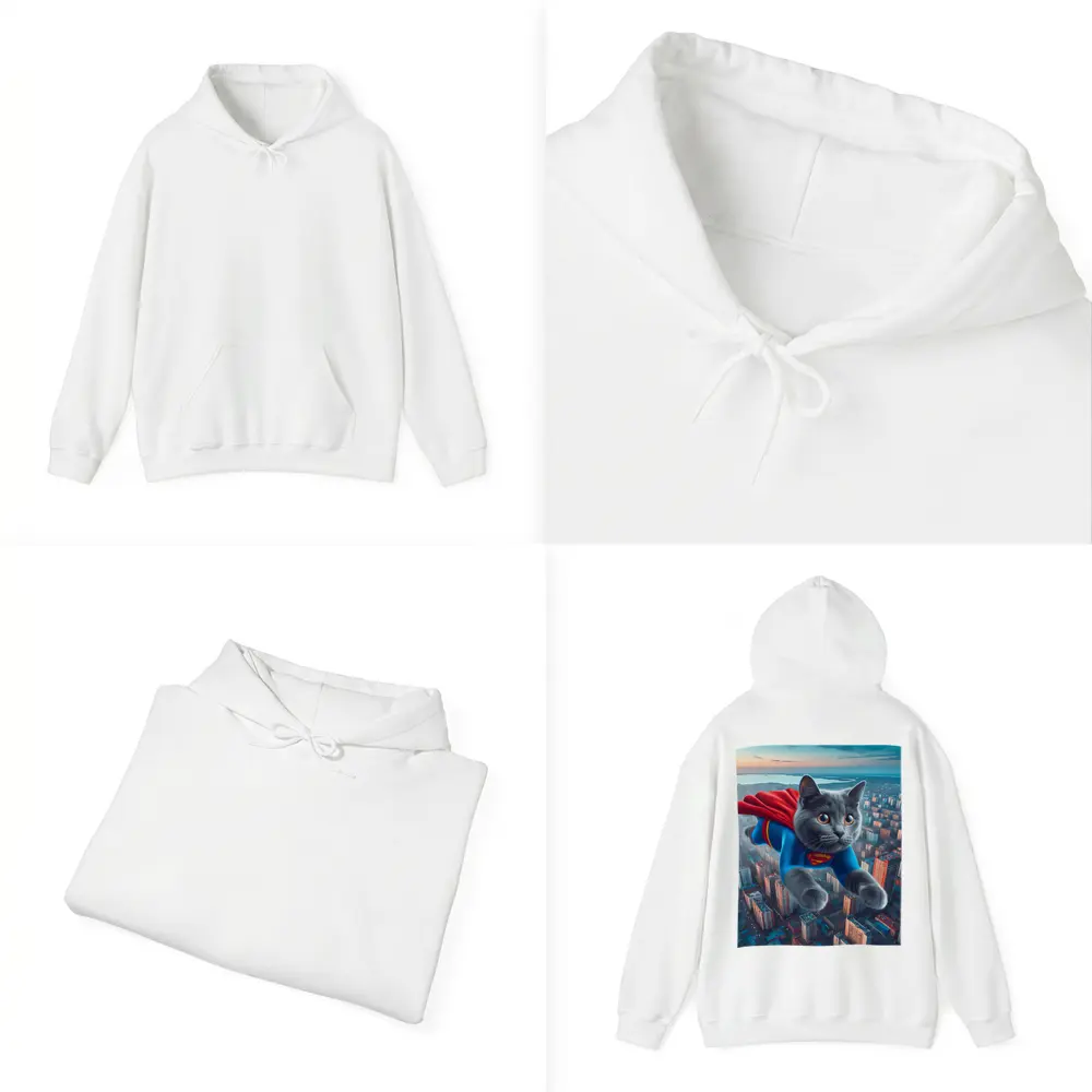 Gray Cat Superman Flying Over City – Hoodies