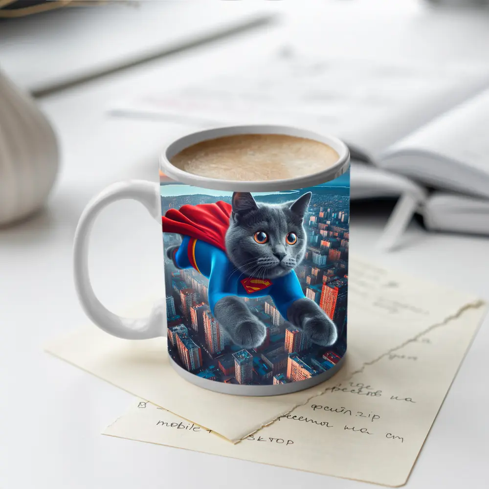 Gray Cat Superman Flying Over City – Mugs