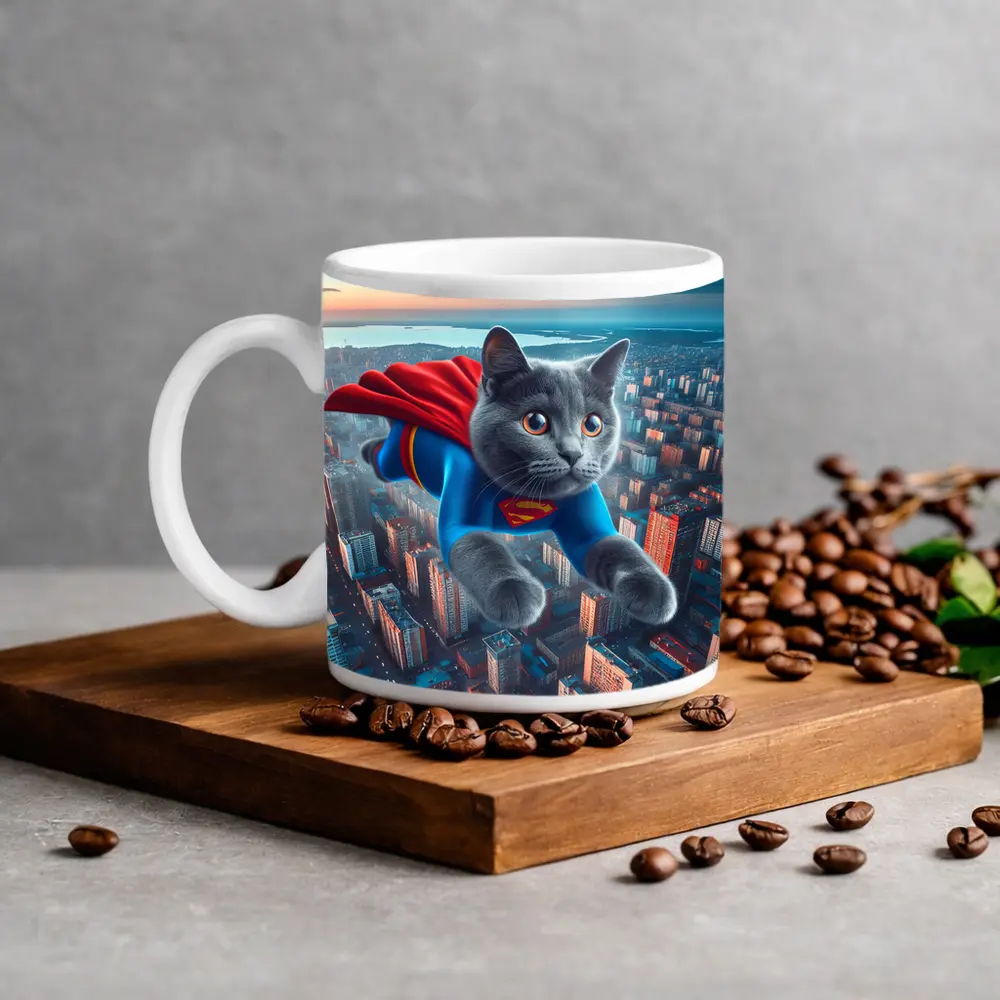 Gray Cat Superman Flying Over City – Mugs