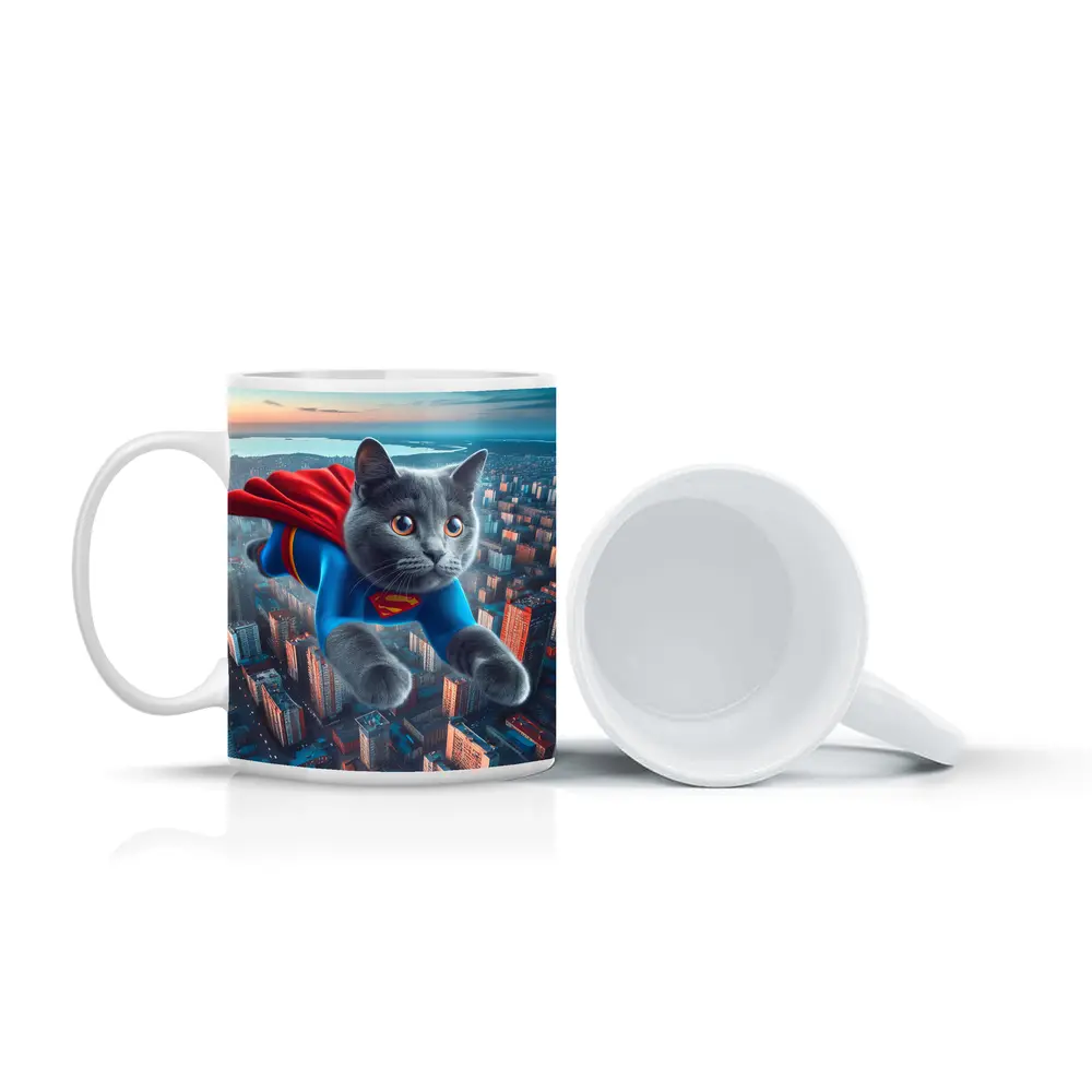 Gray Cat Superman Flying Over City – Mugs