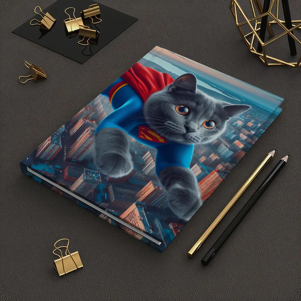 Gray Cat Superman Flying Over City – Notebooks