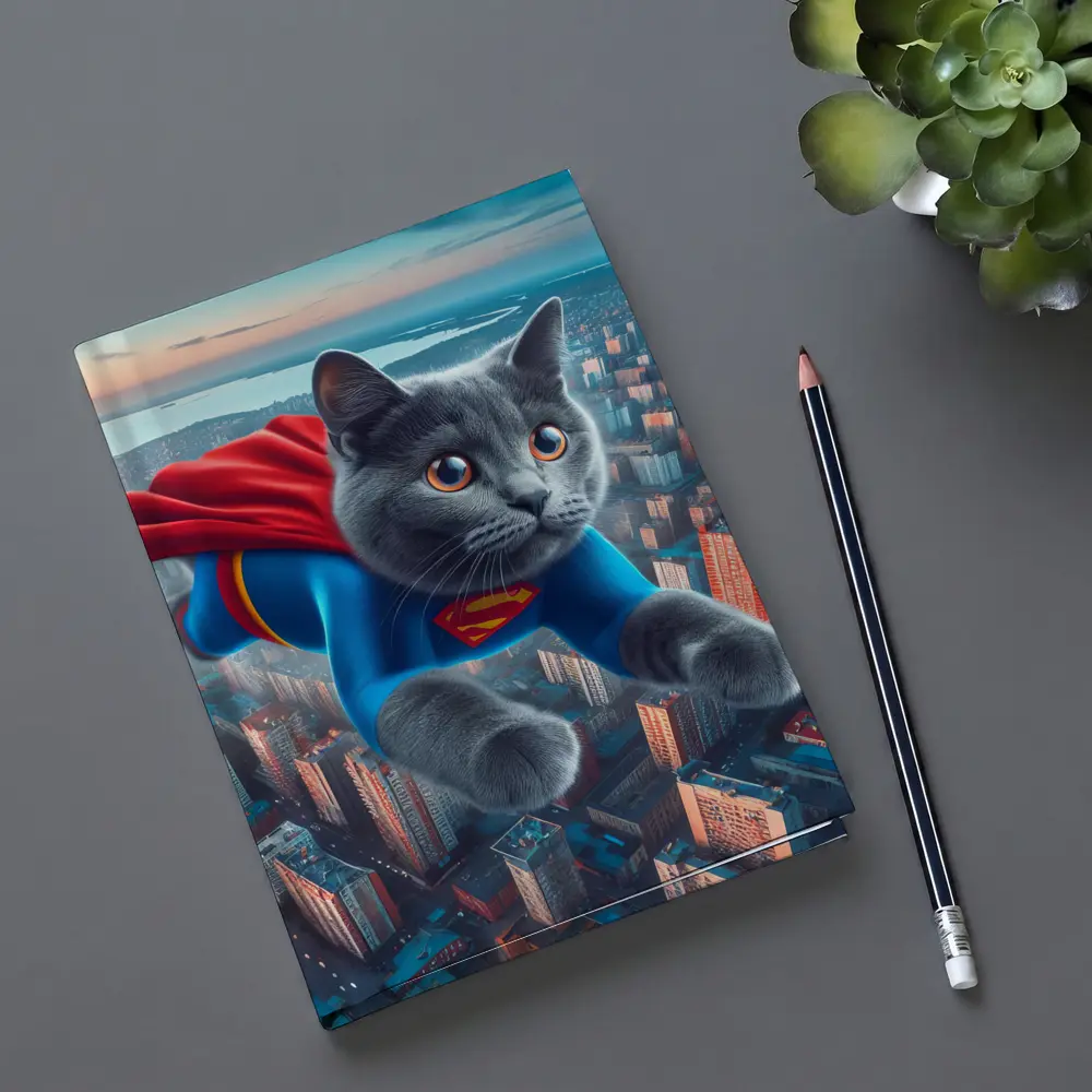 Gray Cat Superman Flying Over City – Notebooks
