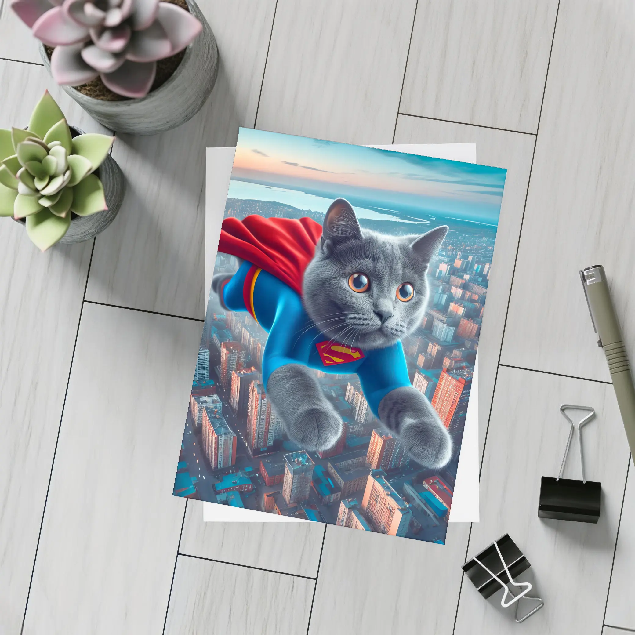 Gray Cat Superman Flying Over City – Postcards