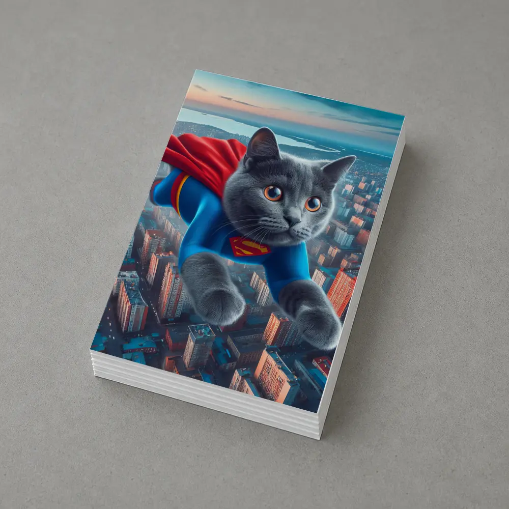Gray Cat Superman Flying Over City – Postcards