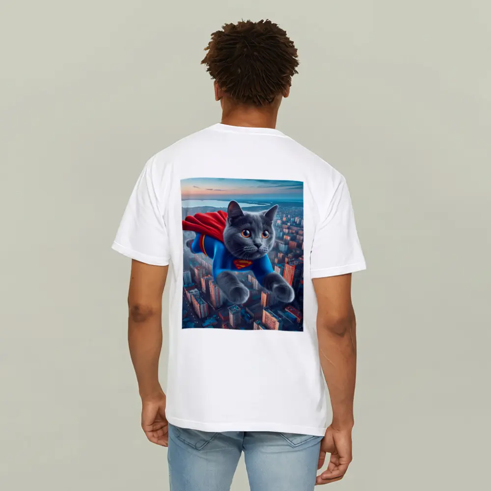 Gray Cat Superman Flying Over City – T-Shirts