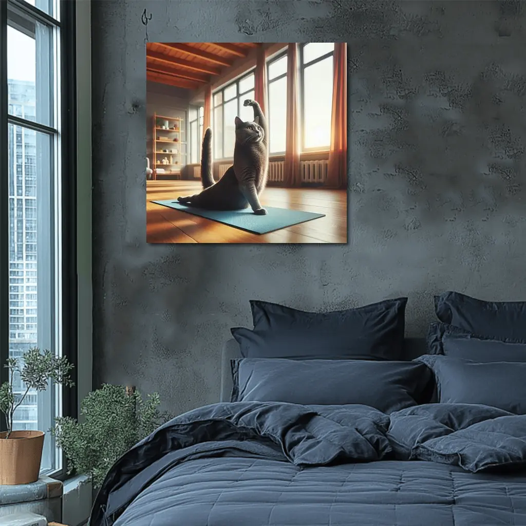Gray Cat Doing Yoga Sunny Studio – Wall Art