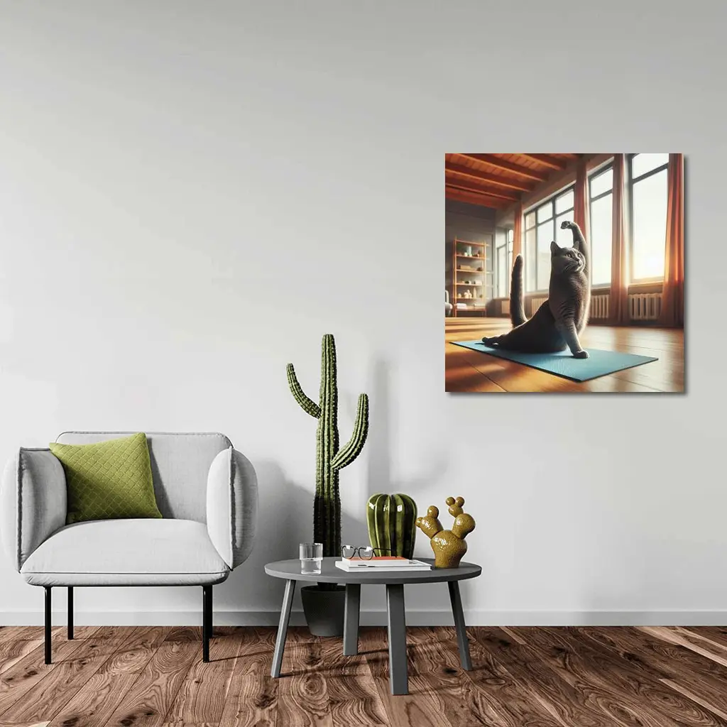 Gray Cat Doing Yoga Sunny Studio – Wall Art