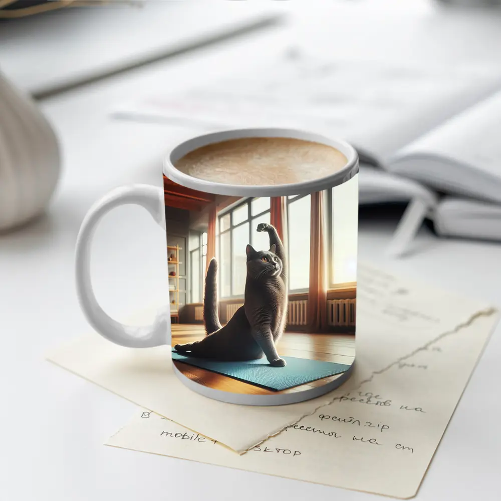 Gray Cat Doing Yoga Sunny Studio – Mugs