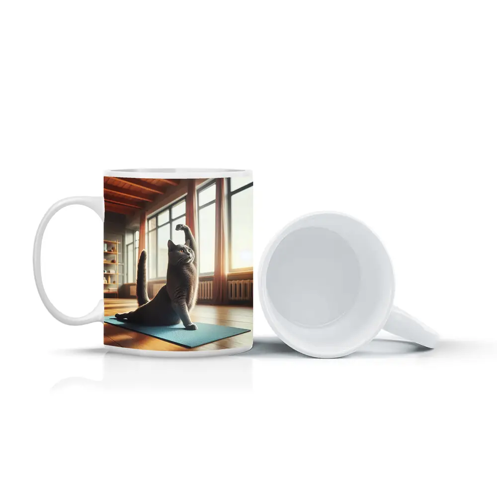 Gray Cat Doing Yoga Sunny Studio – Mugs