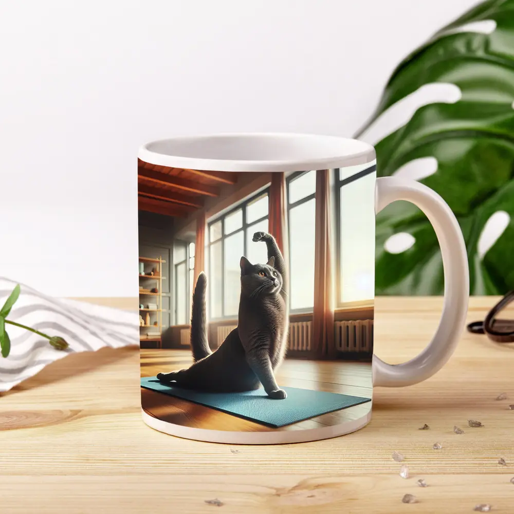 Gray Cat Doing Yoga Sunny Studio – Mugs