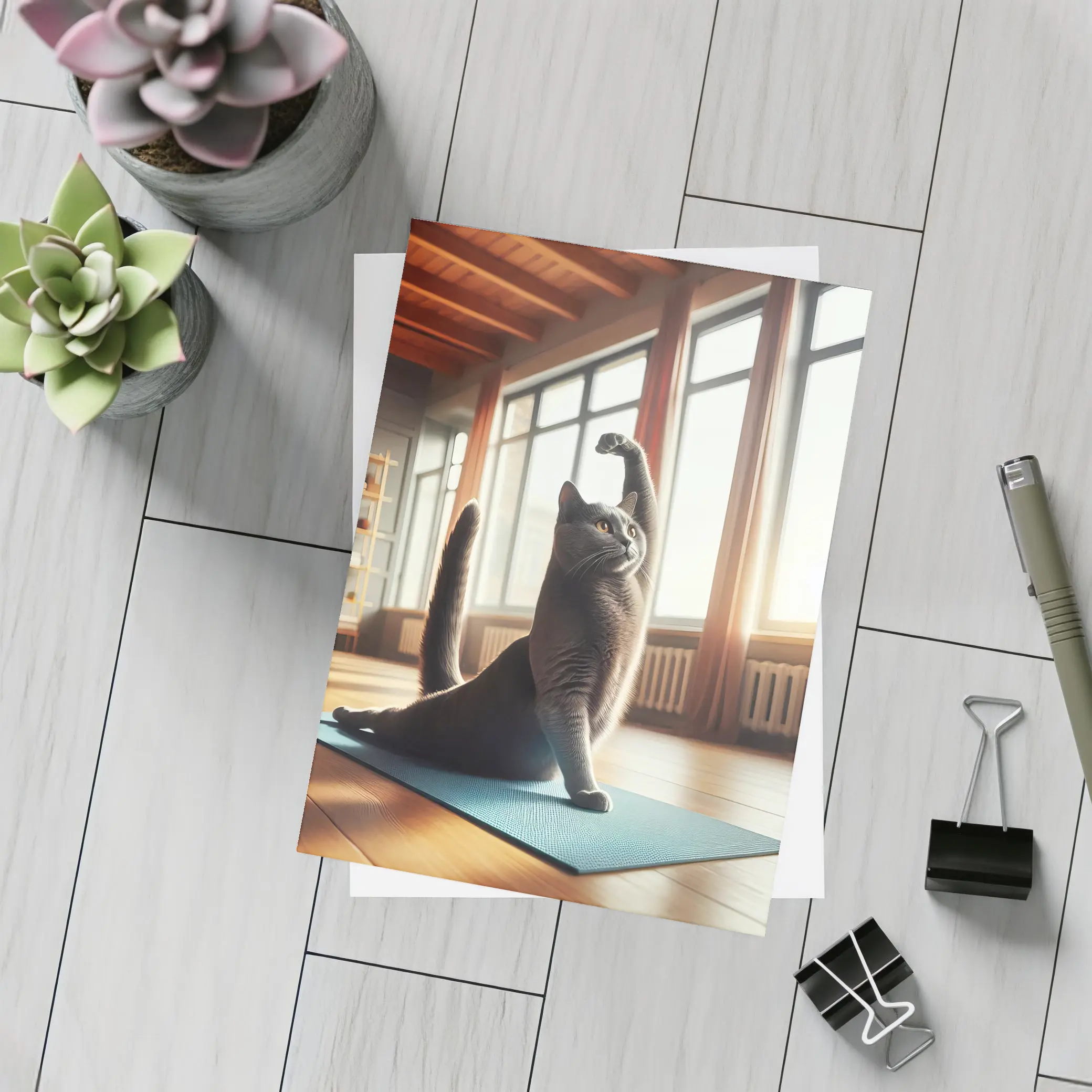 Gray Cat Doing Yoga Sunny Studio – Postcards