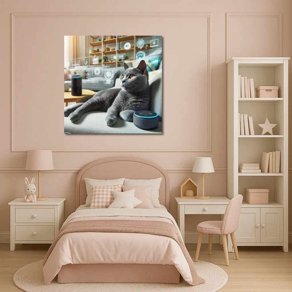 Gray Cat Relaxing With Smart Home Speakers – Wall Art