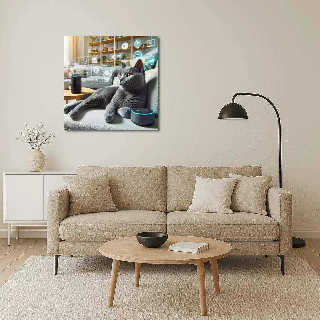 Gray Cat Relaxing With Smart Home Speakers – Wall Art