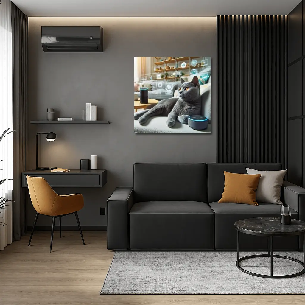 Gray Cat Relaxing With Smart Home Speakers – Wall Art