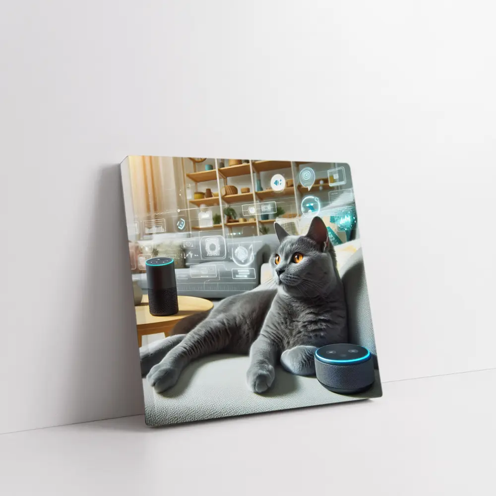 Gray Cat Relaxing With Smart Home Speakers – Wall Art