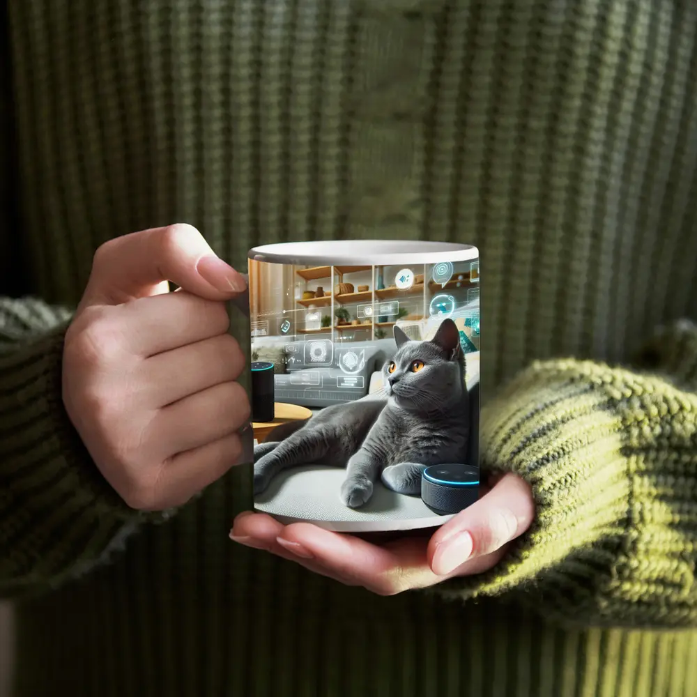 Gray Cat Relaxing With Smart Home Speakers – Mugs