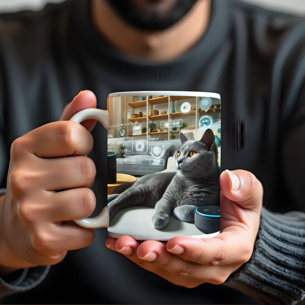 Gray Cat Relaxing With Smart Home Speakers – Mugs