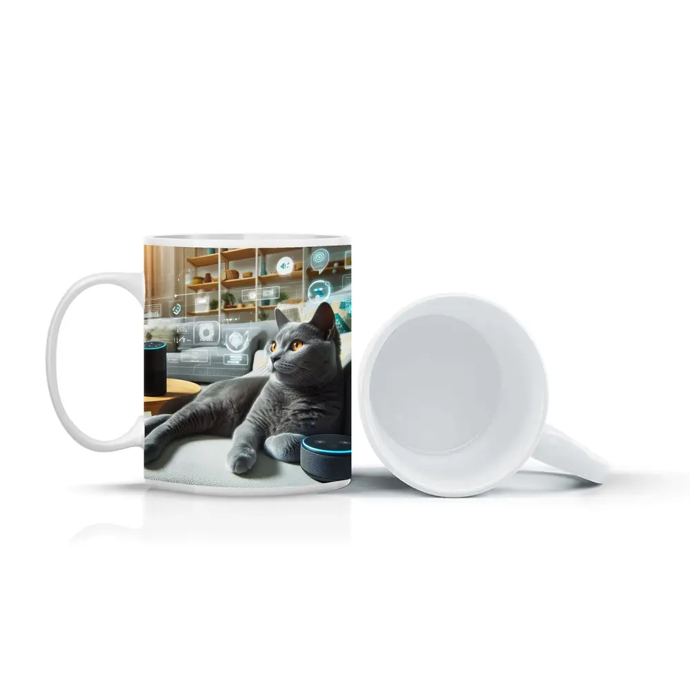 Gray Cat Relaxing With Smart Home Speakers – Mugs