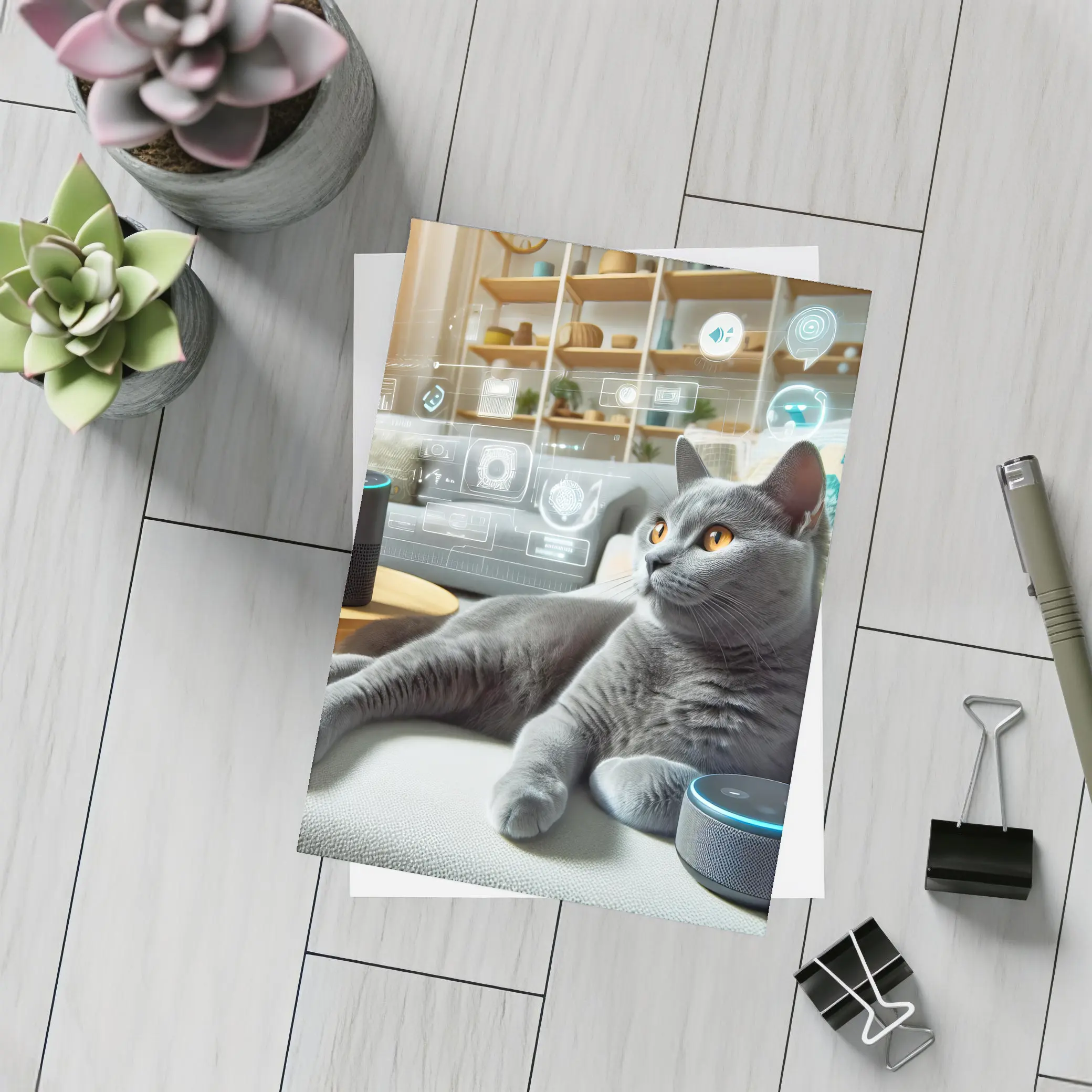 Gray Cat Relaxing With Smart Home Speakers – Postcards