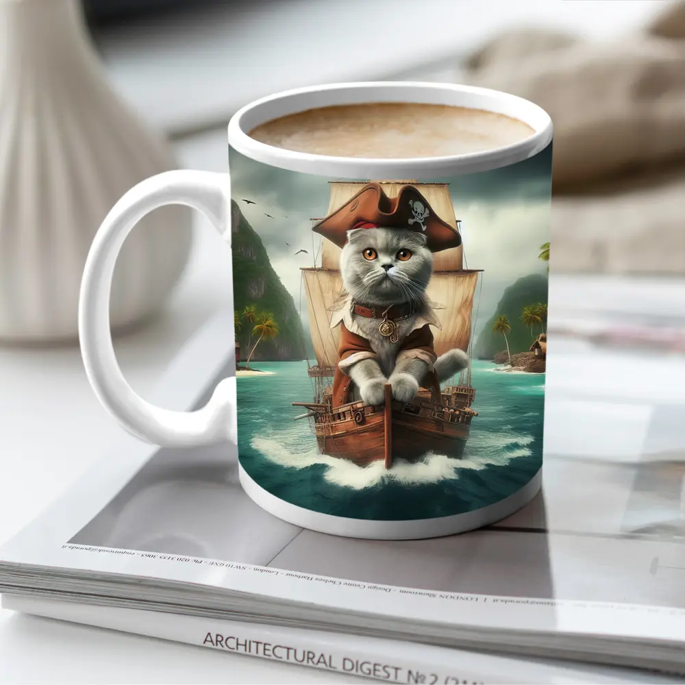 Scottish Fold Pirate Cat on Ship – Mugs