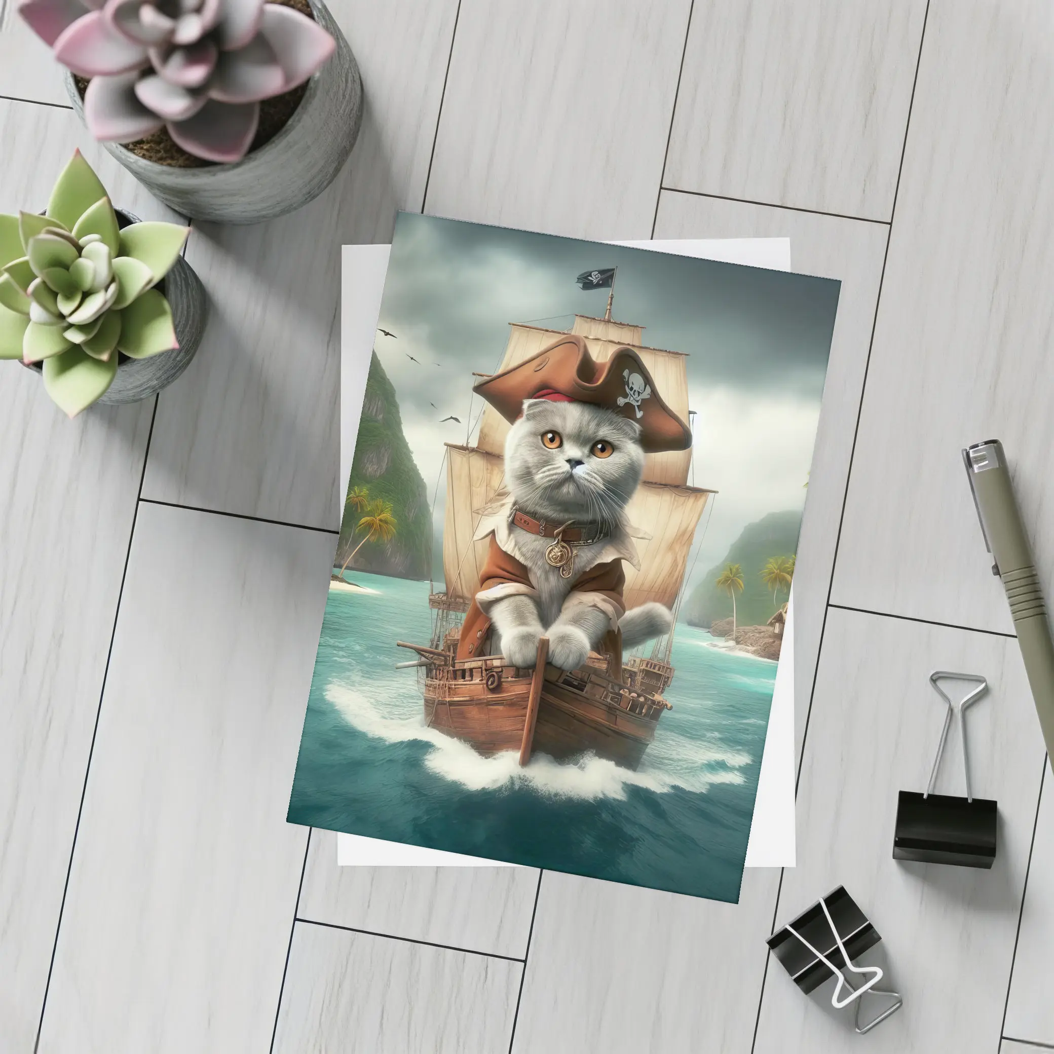 Scottish Fold Pirate Cat on Ship – Postcards