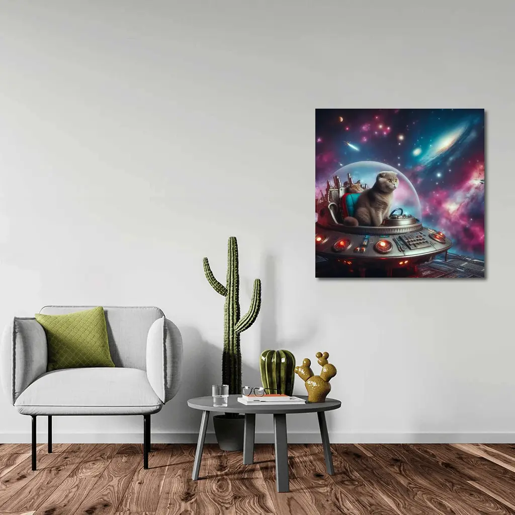 Scottish Fold Cat Piloting Space UFO – Wall Art