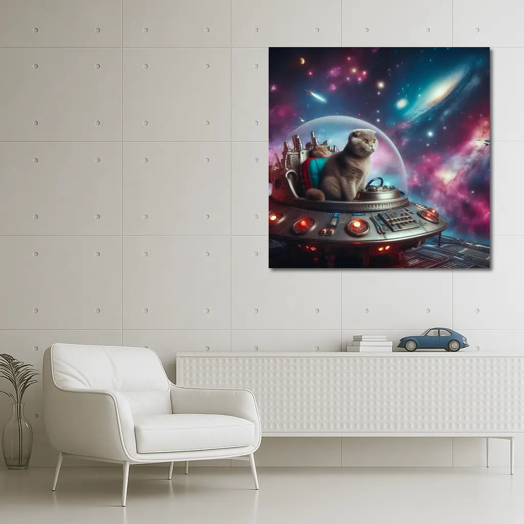 Scottish Fold Cat Piloting Space UFO – Wall Art