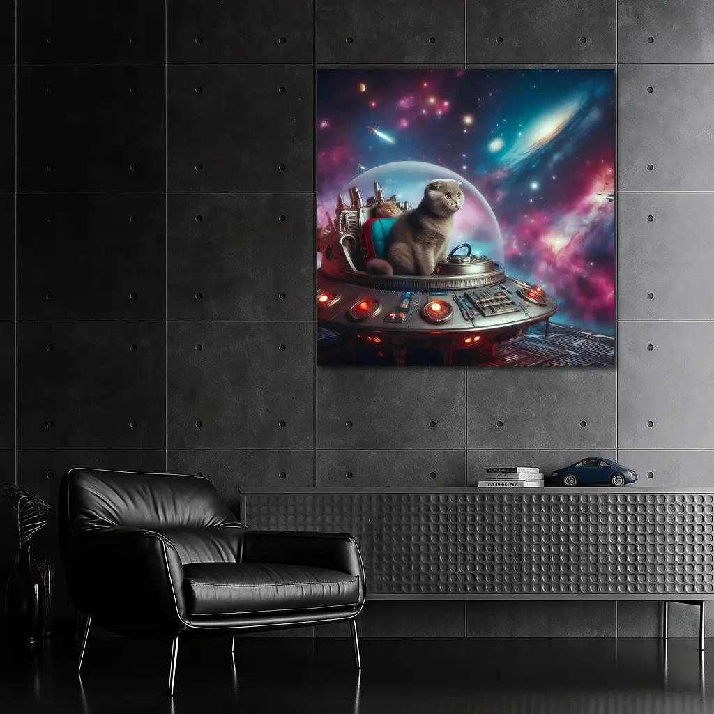 Scottish Fold Cat Piloting Space UFO – Wall Art