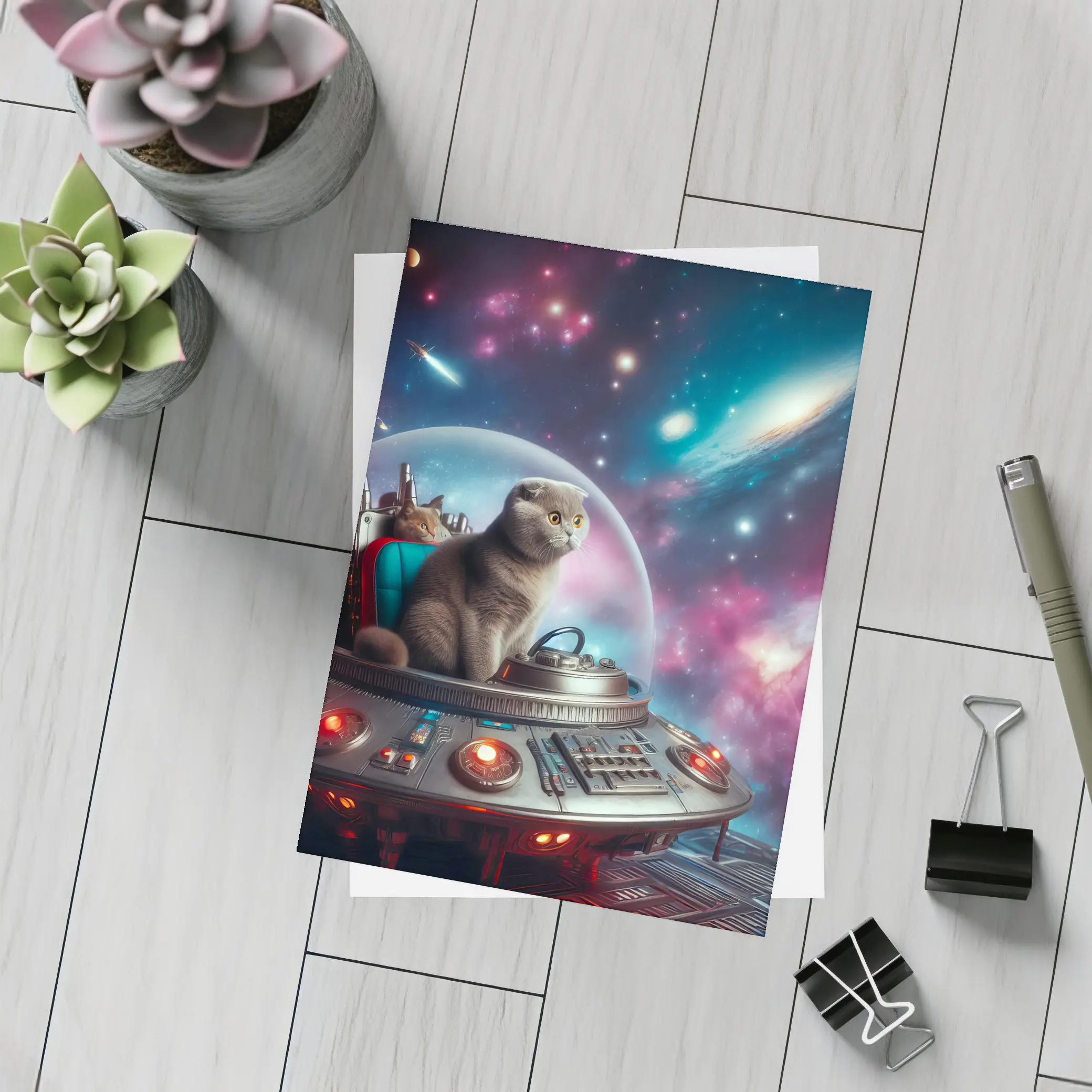 Scottish Fold Cat Piloting Space UFO – Postcards