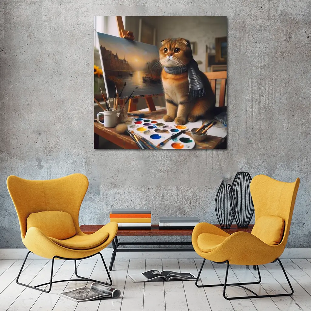 Scottish Fold Cat Artist Studio Painting – Wall Art