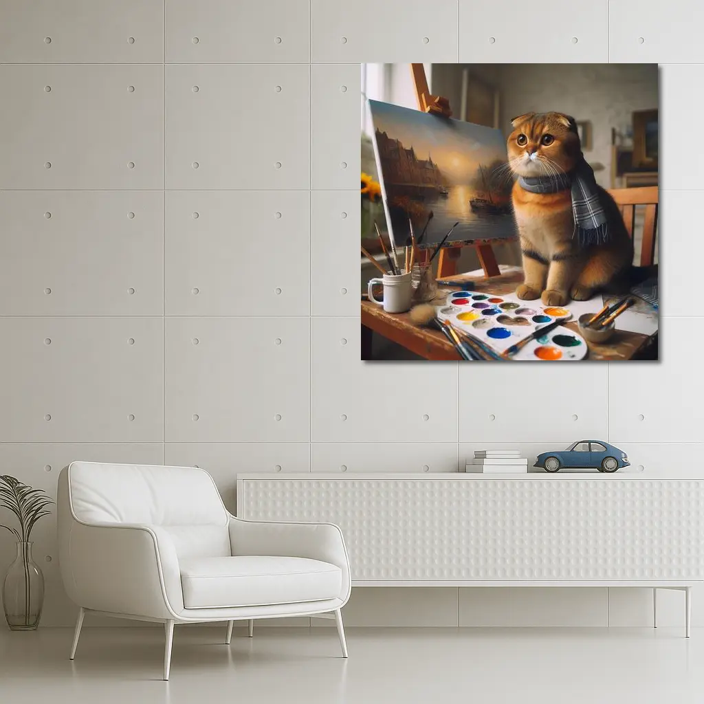 Scottish Fold Cat Artist Studio Painting – Wall Art
