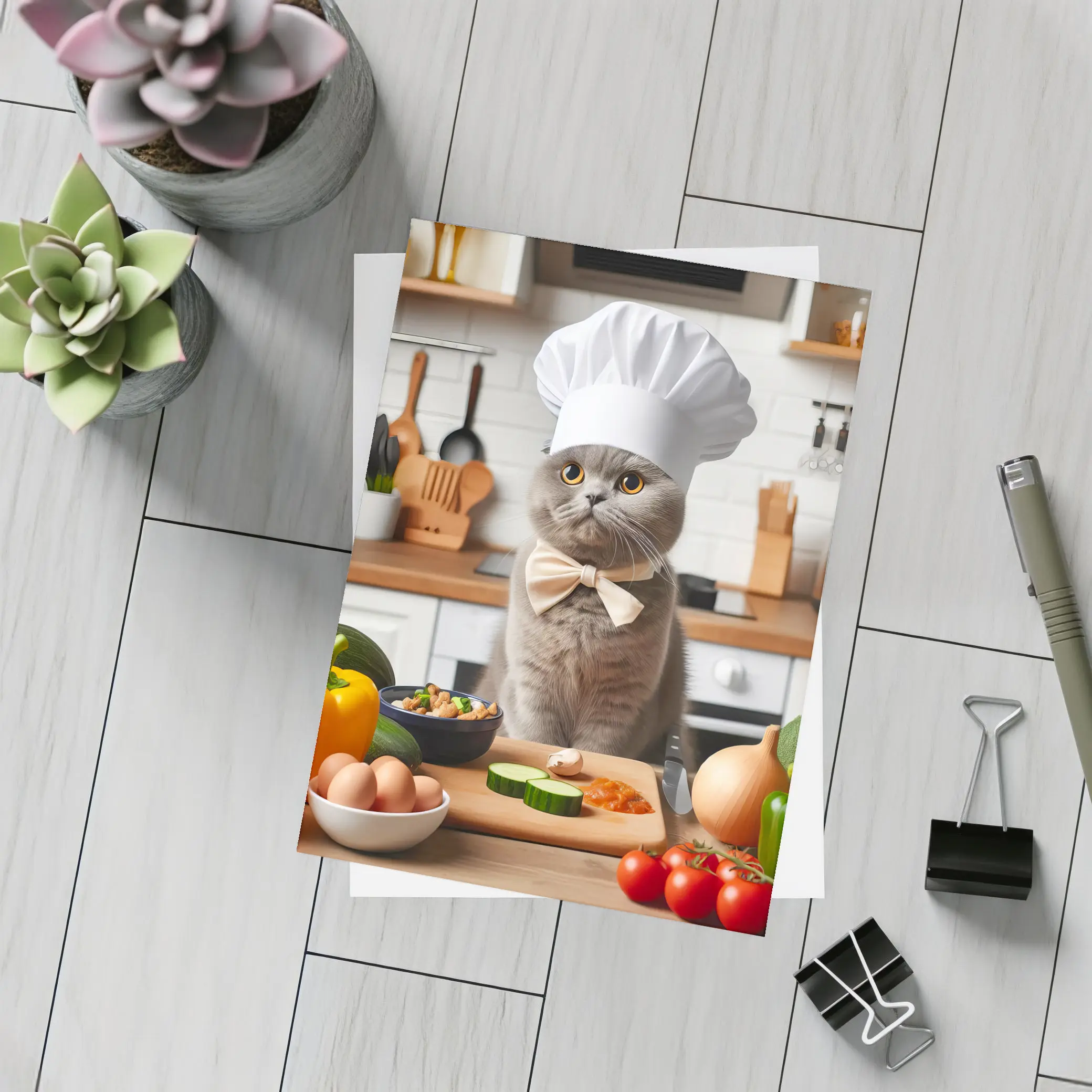 Scottish Fold Chef Cat Kitchen Cooking Scene – Postcards