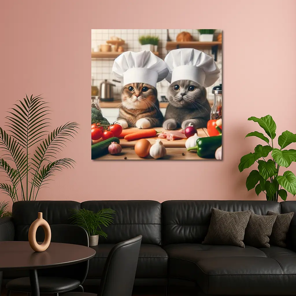 Two Chef Cats Cooking In Kitchen – Wall Art