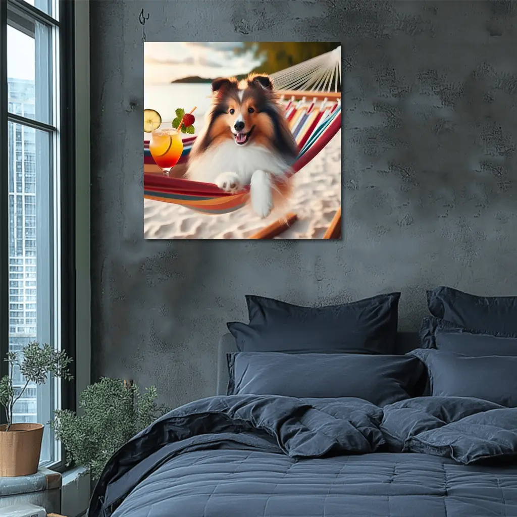 Shetland Sheepdog Relaxing on Beach Hammock – Wall Art