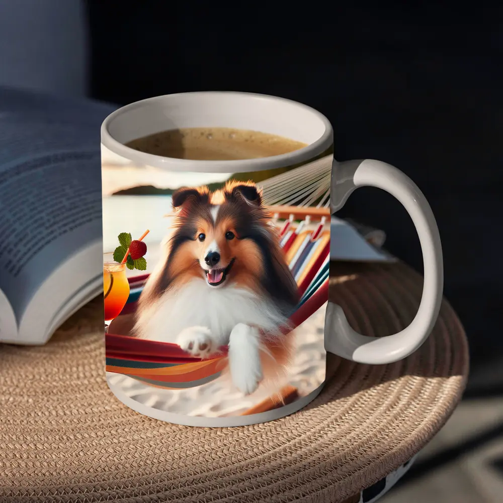 Shetland Sheepdog Relaxing on Beach Hammock – Mugs