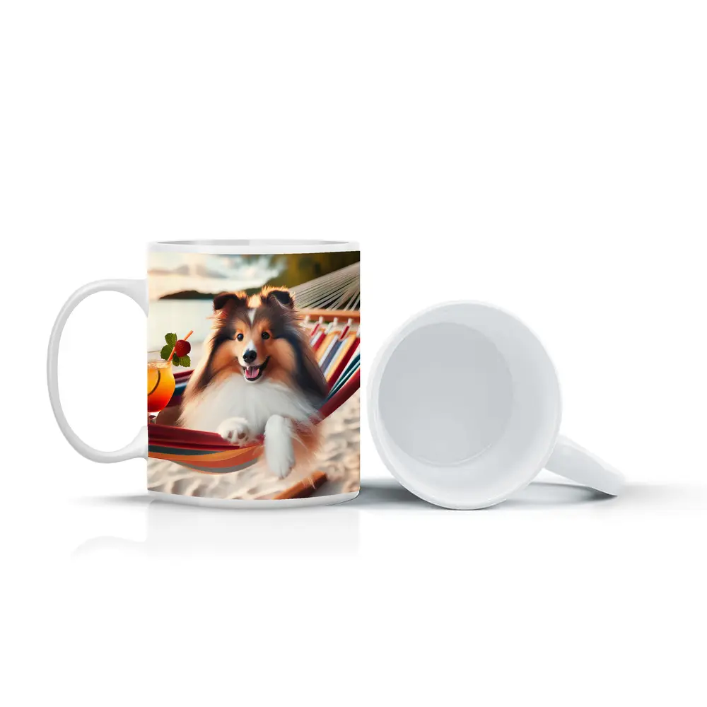 Shetland Sheepdog Relaxing on Beach Hammock – Mugs
