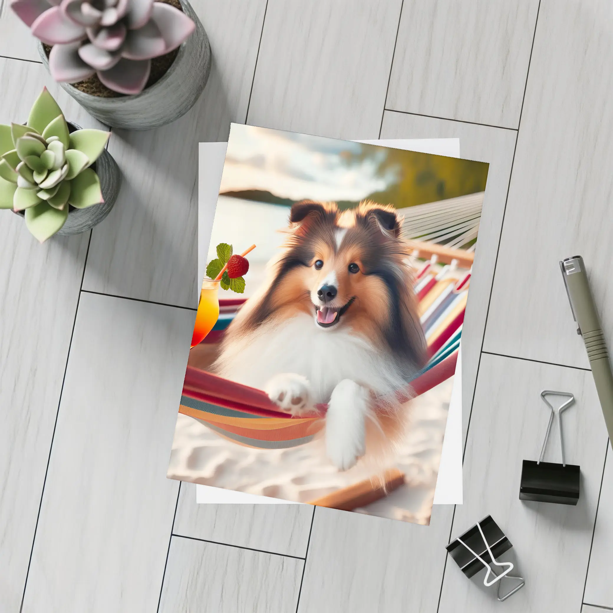 Shetland Sheepdog Relaxing on Beach Hammock – Postcards