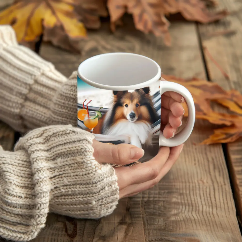 Shetland Sheepdog Relaxing on Beach Hammock – Mugs