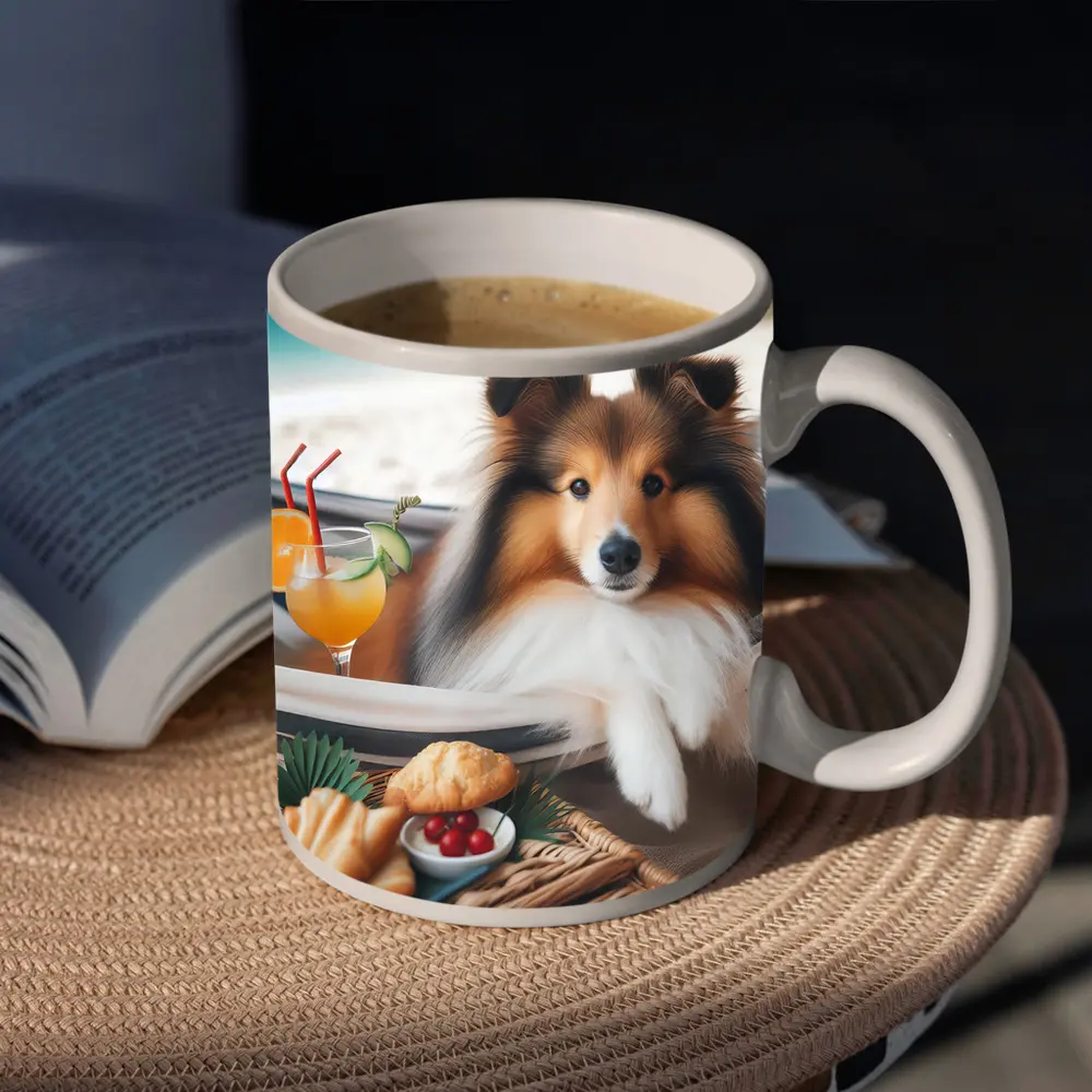 Shetland Sheepdog Relaxing on Beach Hammock – Mugs