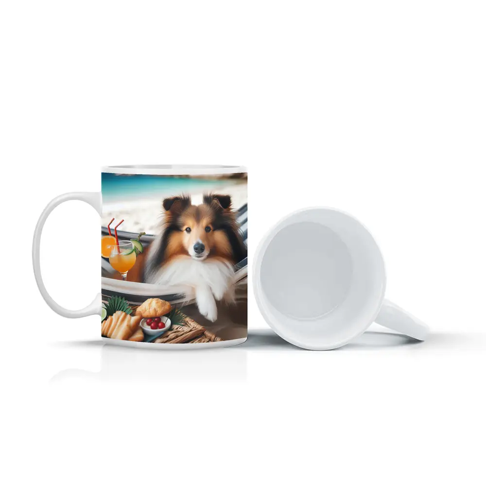 Shetland Sheepdog Relaxing on Beach Hammock – Mugs