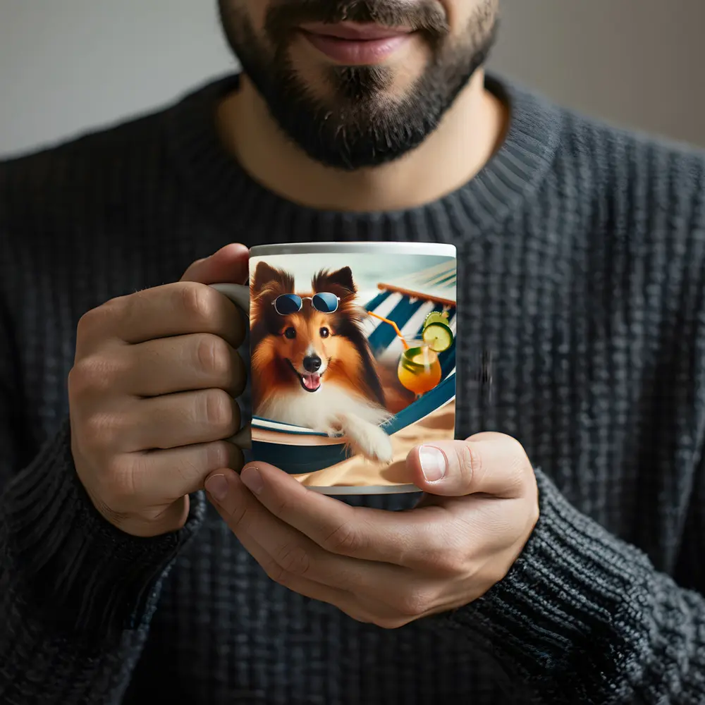 Shetland Sheepdog Relaxing on Beach Hammock – Mugs