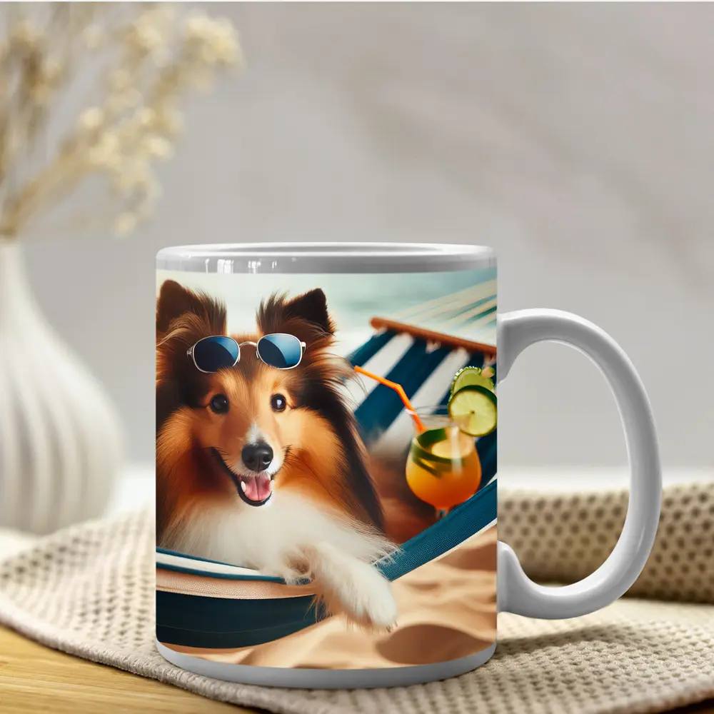 Shetland Sheepdog Relaxing on Beach Hammock – Mugs