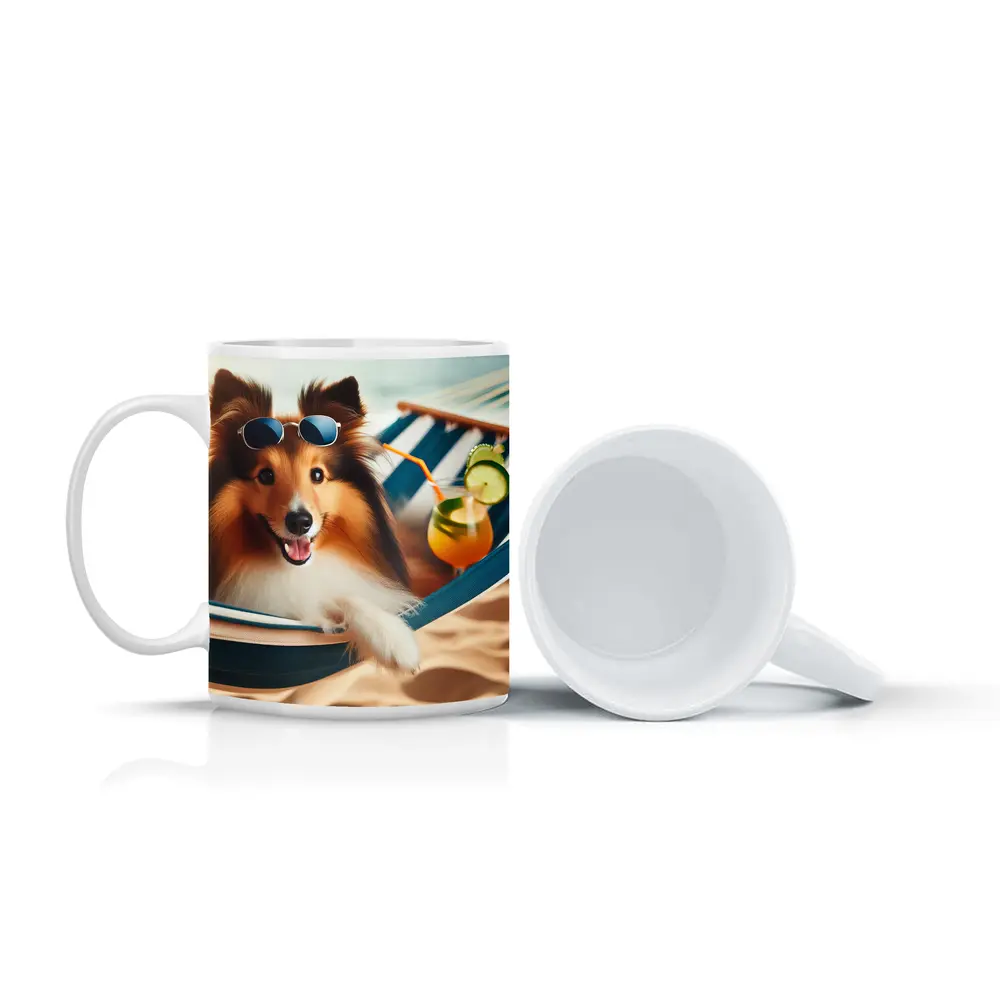 Shetland Sheepdog Relaxing on Beach Hammock – Mugs