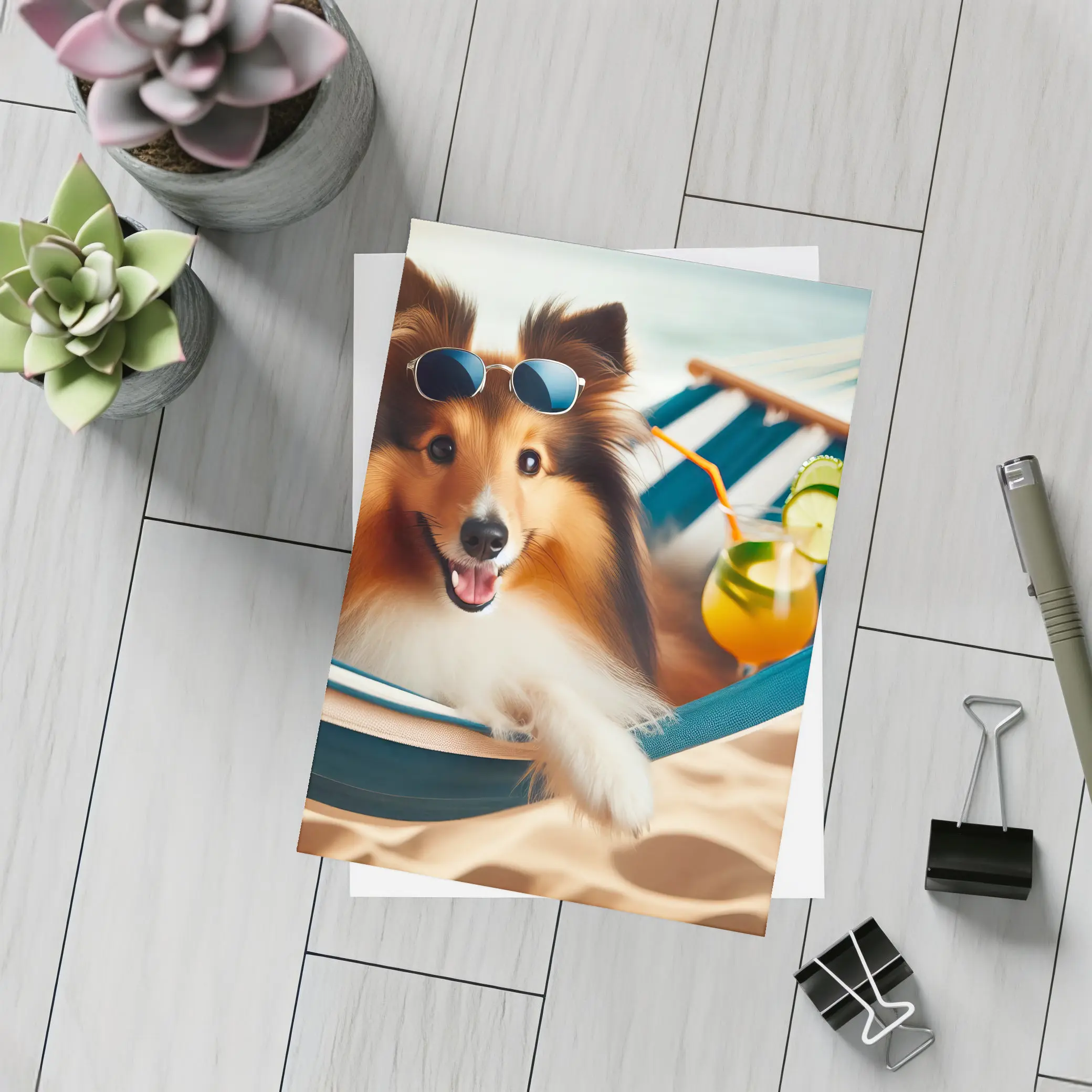 Shetland Sheepdog Relaxing on Beach Hammock – Postcards