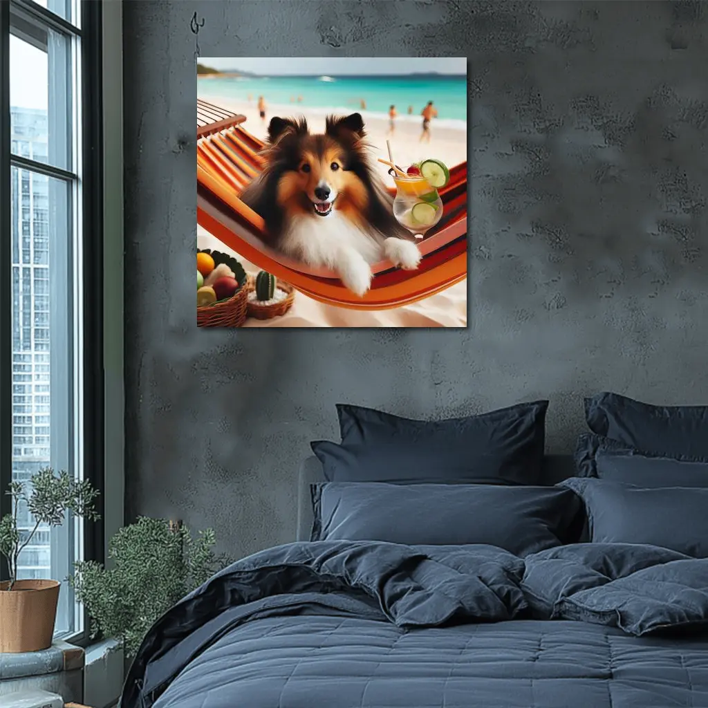 Shetland Sheepdog Relaxing on Beach Hammock – Wall Art