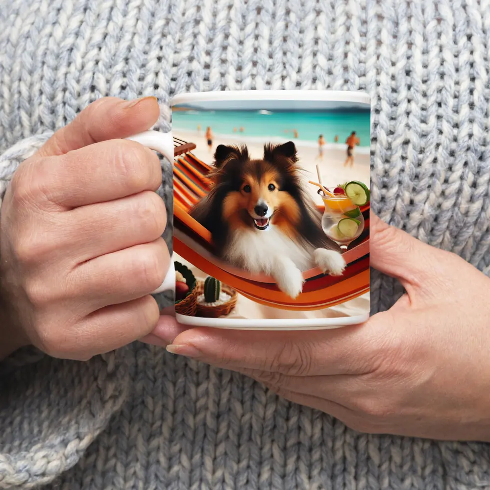 Shetland Sheepdog Relaxing on Beach Hammock – Mugs