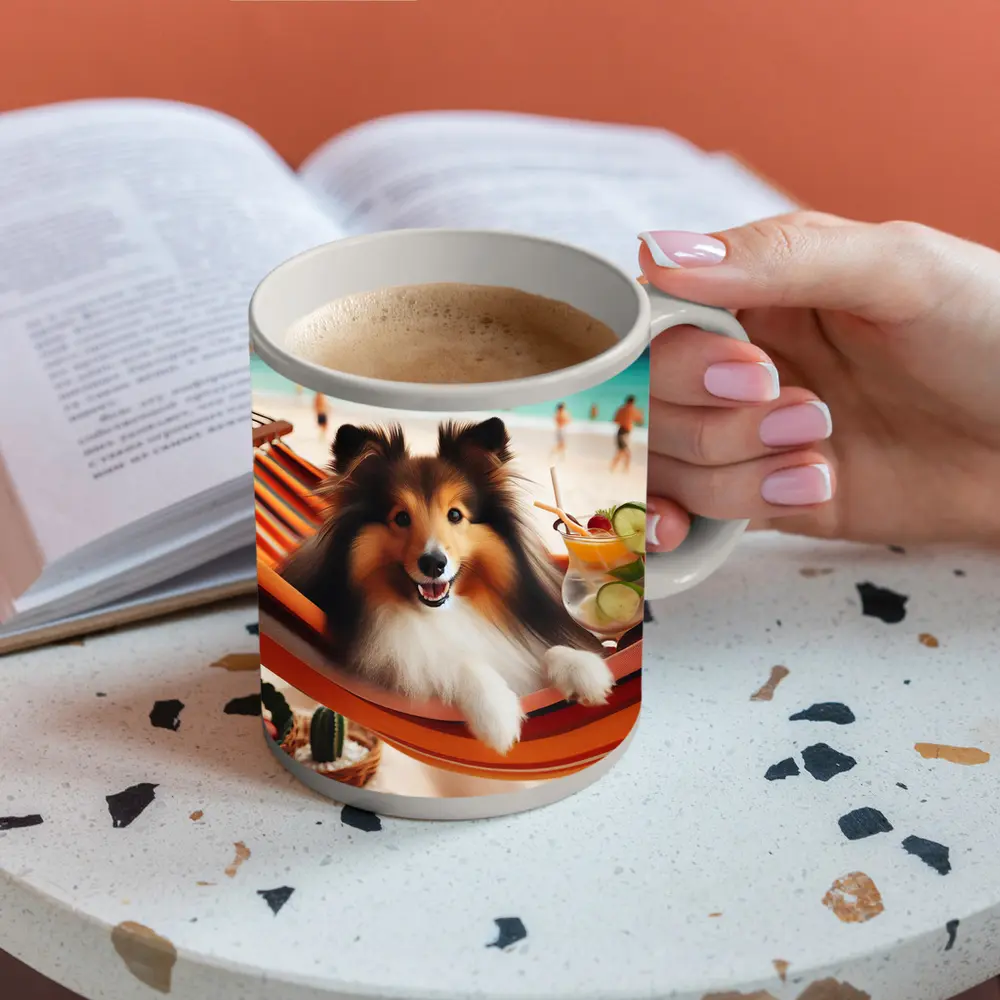 Shetland Sheepdog Relaxing on Beach Hammock – Mugs