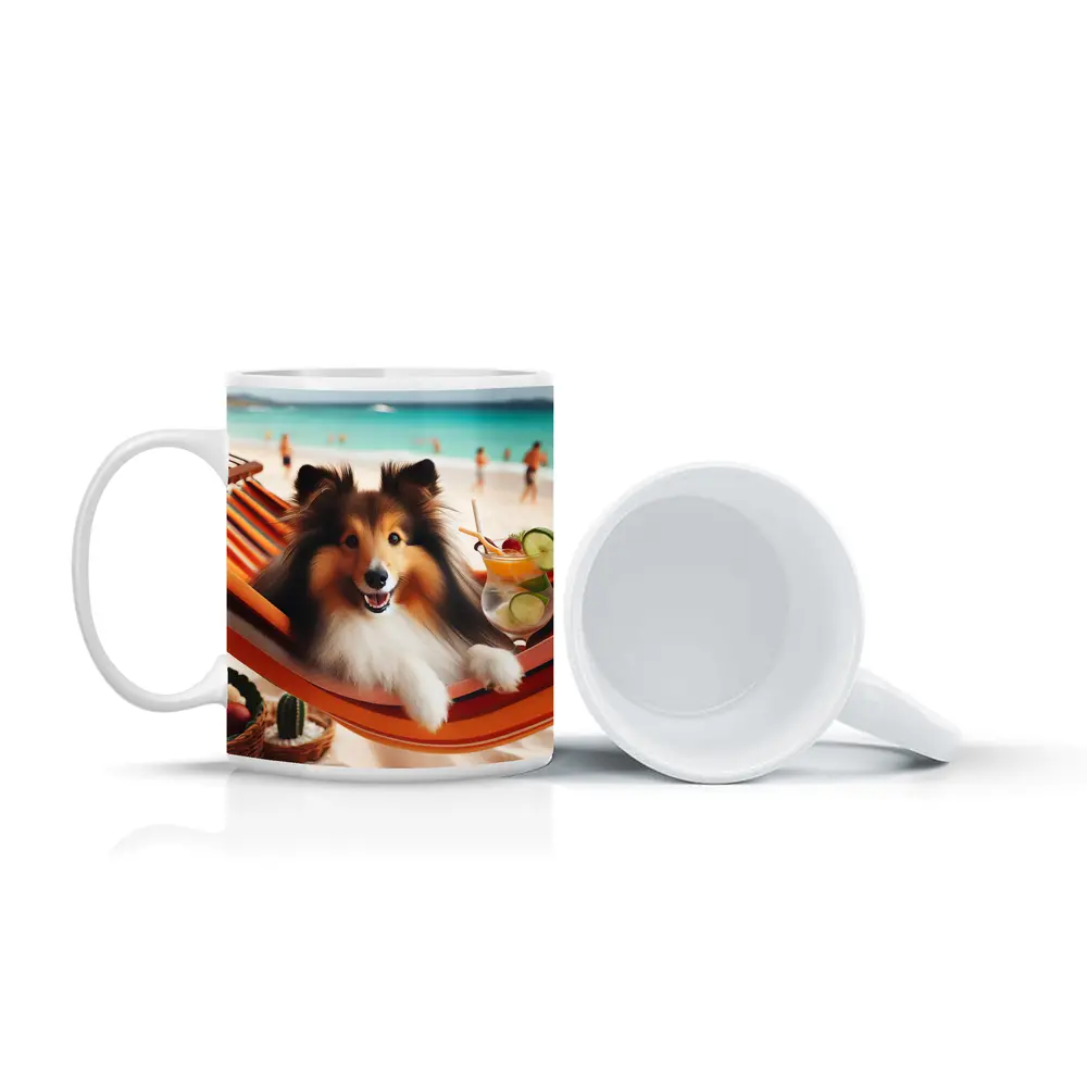 Shetland Sheepdog Relaxing on Beach Hammock – Mugs