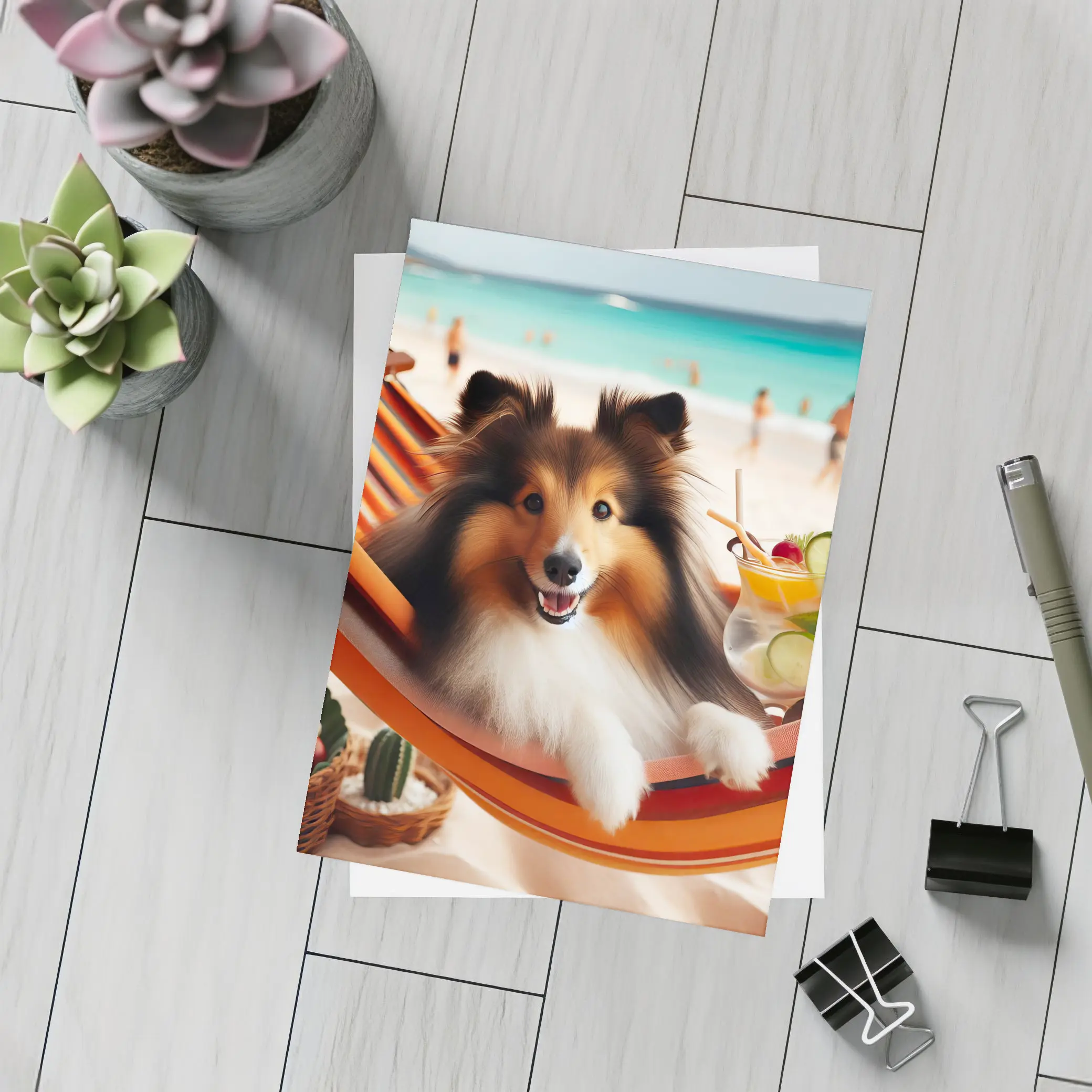 Shetland Sheepdog Relaxing on Beach Hammock – Postcards