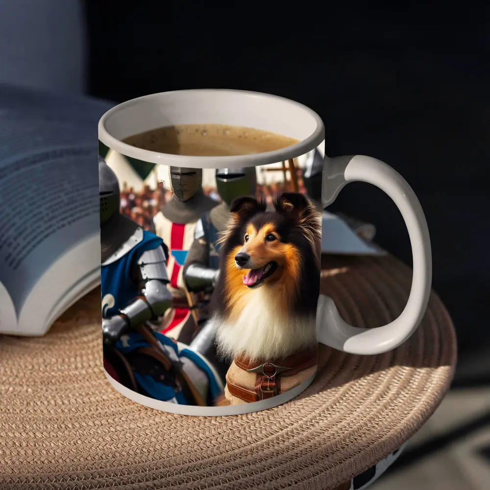 Rough Collie Dog Among Medieval Knights – Mugs